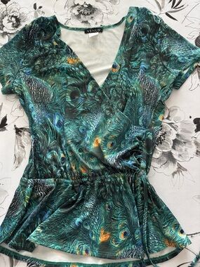 VENUS Small Teal Peacock-Print Wrap Blouse with Tie Waist New Without Tags